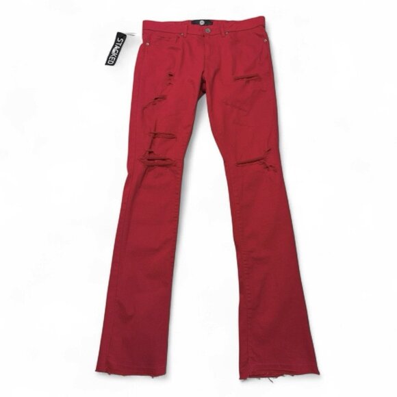 Jordan Craig Mens Martin Stacked Jeans 36 Red Distressed Stretch Skinny Frayed - Picture 3 of 14